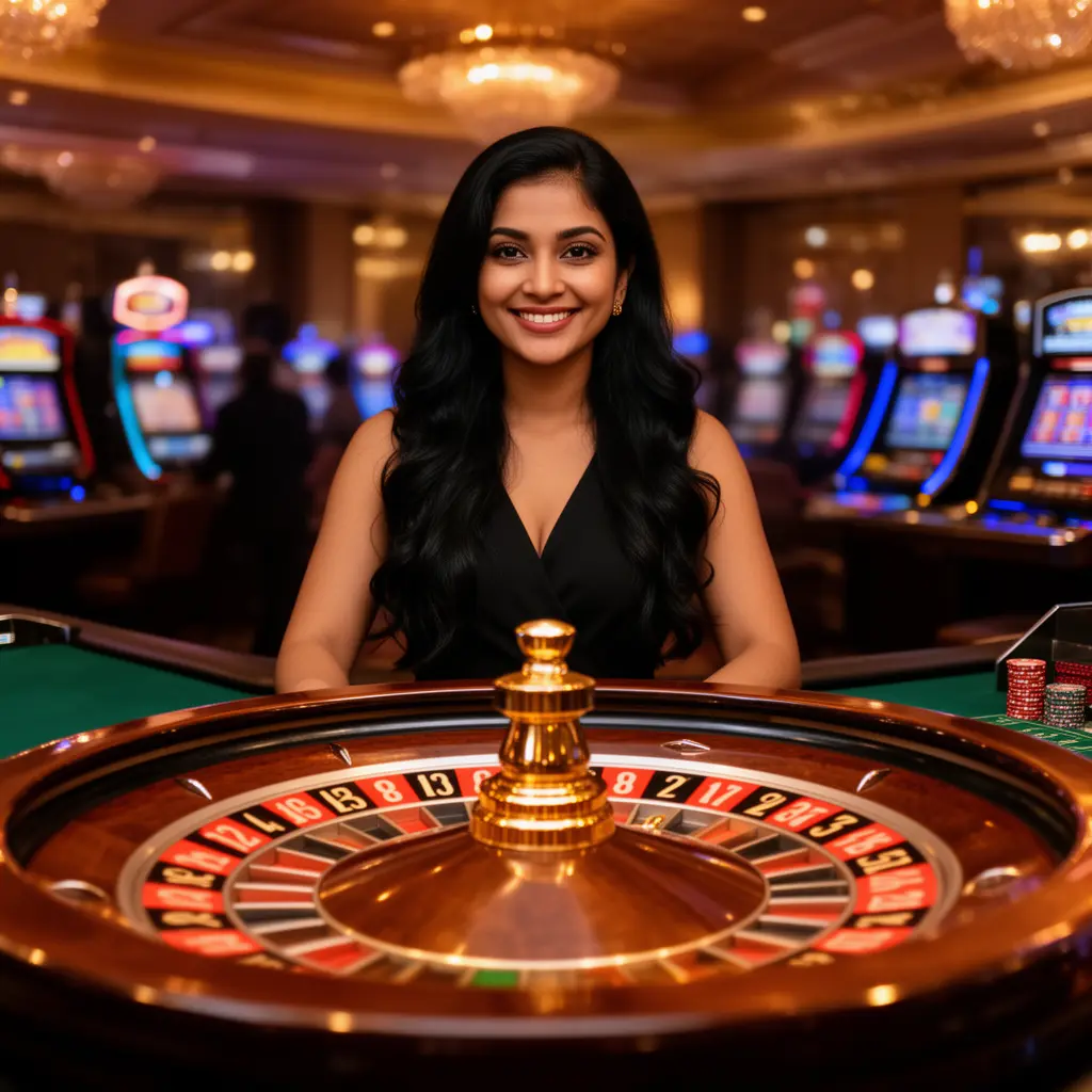 65BD – Experience the excitement of live casino games in Bangladesh Professional Bangladeshi casino dealer smiling confidently at a roulette table with vibrant casino lights showcasing the premium live casino experience at 65BD